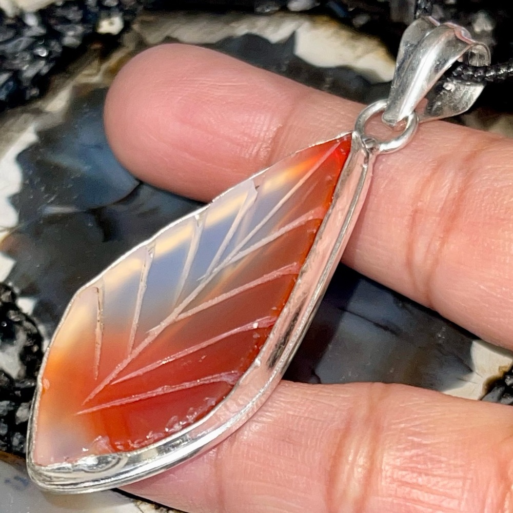 Lightweight Petite Carved Chalcedony Leaf Pendant 2 1/2”